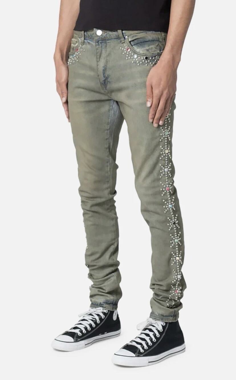 mnml X620 Studded Skinny Jeans Men’s 32x34 Faded Olive Blue Denim Embellished